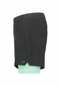 Shorts de sport noirs avec doublure de compression vert menthe attachée et petit logo "R" gris près de l'ourlet sur fond blanc.