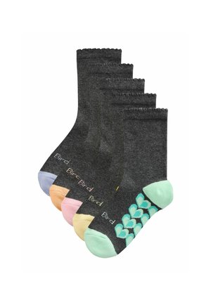 Five dark gray socks with different colored toes and heels, one sock has a blue heart pattern on the foot area.