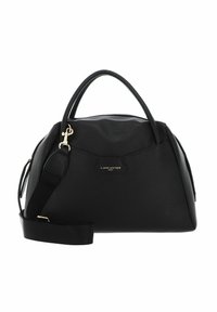 Sac à main noir en cuir texturé, doté d'une forme arrondie, de deux poignées supérieures, d'une bandoulière amovible et d'un détail logo en or.
