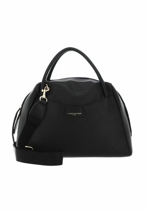 Sac à main noir en cuir texturé, doté d'une forme arrondie, de deux poignées supérieures, d'une bandoulière amovible et d'un détail logo en or.