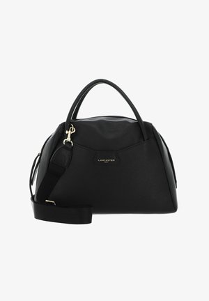 Black handbag made of textured leather, featuring a rounded shape, dual top handles, detachable shoulder strap, and gold logo detail.