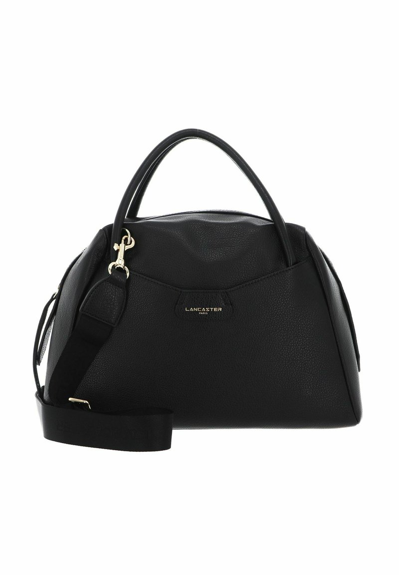 Sac à main noir en cuir texturé, doté d'une forme arrondie, de deux poignées supérieures, d'une bandoulière amovible et d'un détail logo en or.