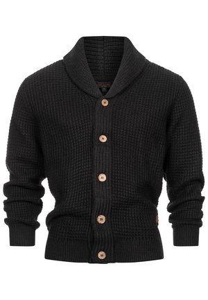 Cardigan de punto negro con cuello chal, botones de madera, puños acanalados y un tejido texturizado. Diseño ajustado, de longitud media.
