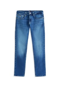 Niebieskie dżinsy z prostą nogawką, w stylu z pięcioma kieszeniami i przetartym wykończeniem. Posiadają metalowy guzik, zamek błyskawiczny oraz szlufki na pasek.