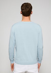 Lichtblauwe lange mouwen trui van zachte stof, met een ronde hals, geribde boorden en een aansluitende zoom. Glad oppervlak met minimale naden.