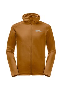 Bruine fleece jas met een capuchon, volledige ritssluiting en twee zijzakken. Heeft een soepele textuur en een logo op de linkerborst.