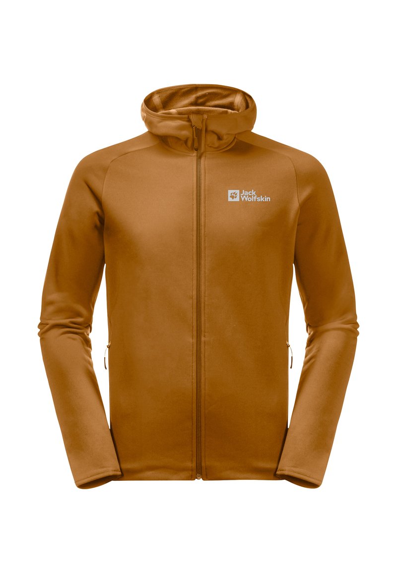 Bruine fleece jas met een capuchon, volledige ritssluiting en twee zijzakken. Heeft een soepele textuur en een logo op de linkerborst.
