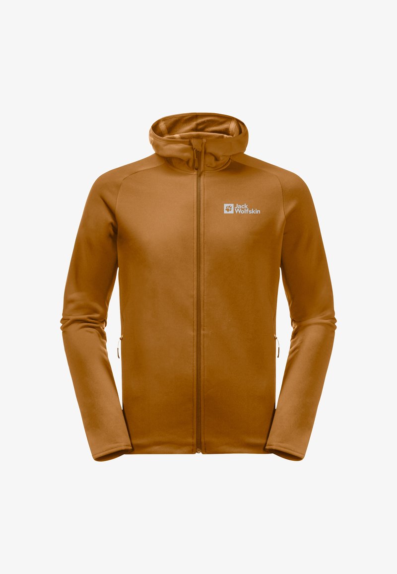 Bruine fleece jas met een capuchon, volledige ritssluiting en twee zijzakken. Heeft een soepele textuur en een logo op de linkerborst.