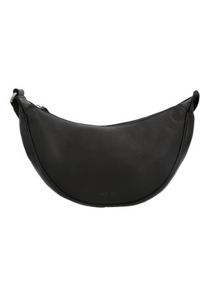 Black crescent-shaped leather shoulder bag with zipper closure and adjustable strap, smooth textured surface.