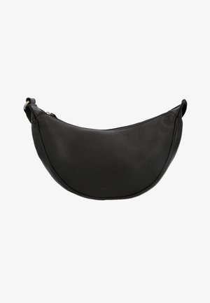 Sac à bandoulière en cuir noir en forme de croissant de lune avec fermeture éclair et sangle ajustable, surface à texture lisse.