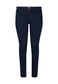 Vaqueros ajustados azul oscuro de talle medio, fabricados en denim, con un diseño clásico de cinco bolsillos y un cierre delantero con cremallera.
