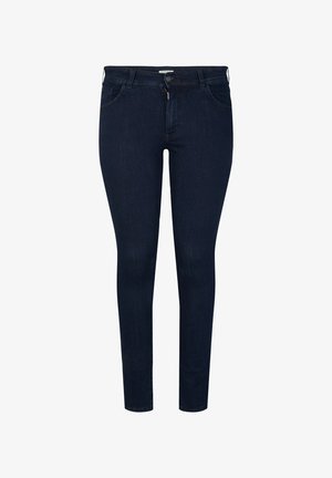 Mörkblå skinny jeans med medelhög midja, tillverkade av denim, med en klassisk femfickdesign och en frammanövrerad dragkedja.
