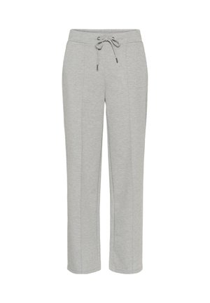 Pantalones deportivos grises de tela suave, con cintura ajustable mediante cordón, diseño de pierna recta y detalles de costuras sutiles.