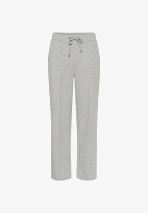 Pantaloni de trening gri din material moale, cu talie ajustabilă prin șnur, croială dreaptă a piciorului și detalii subtile de cusătură.