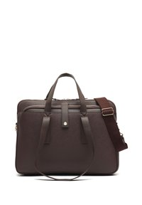 Borsa per laptop in pelle marrone con doppio manico, tracolla regolabile e tasca frontale con zip. Finitura texture con dettagli in metallo dorato.