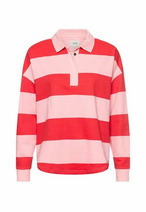Red and light pink striped long-sleeve polo shirt with a collared neckline and button closure, featuring a relaxed fit and soft texture.