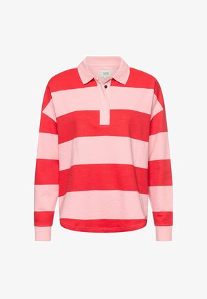 Red and light pink striped long-sleeve polo shirt with a collared neckline and button closure, featuring a relaxed fit and soft texture.