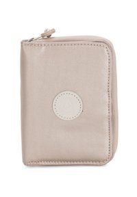 Beige zip-around plånbok tillverkad av slät tyg, med en cirkulär logotyp i mitten och prydlig sömnad längs kanterna.