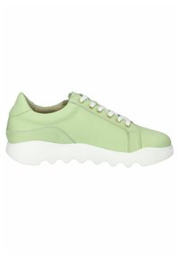 Light green sneakers made of smooth leather, featuring white laces, a textured white sole, and a minimalist design with rounded edges.