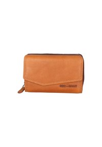 Portafoglio in pelle tan con chiusura zip, caratterizzato da una texture liscia, cuciture sottili e un logo impresso sul fronte. Forma rettangolare compatta.