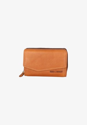 Portafoglio in pelle tan con chiusura zip, caratterizzato da una texture liscia, cuciture sottili e un logo impresso sul fronte. Forma rettangolare compatta.