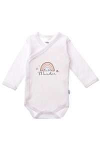 Weißer langärmeliges Bodysuit mit einem Wickeldesign, Druckknopfverschluss und einem bedruckten Regenbogen mit dem Text "geliebtes Wunder" in sanften Farben.
