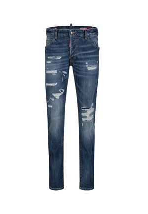 Blauwe slim-fit jeans met versleten en gescheurde details aan de voorkant van de pijpen, met voorzakken en een knoopsluiting in de taille.