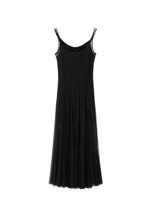 Black sleeveless evening dress with double thin straps and a long pleated tulle skirt.