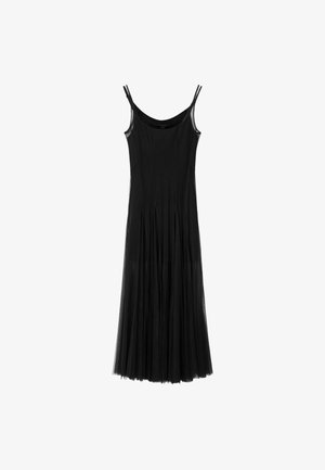 Black sleeveless evening dress with double thin straps and a long pleated tulle skirt.