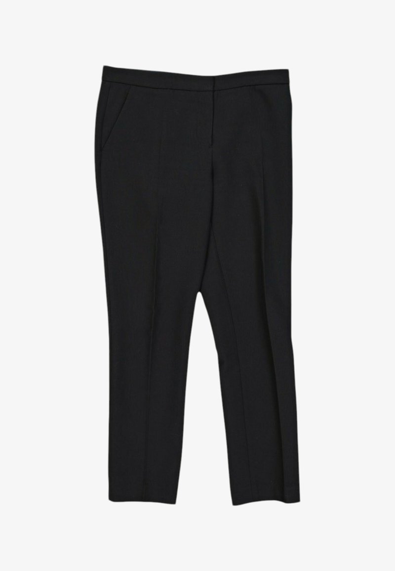 Pantalon droit noir avec poches latérales et une taille nette, conçu pour une tenue formelle ou de bureau.