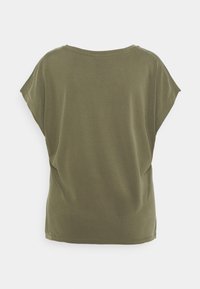 Olive green short-sleeve t-shirt with a loose fit. Soft fabric, round neckline, and a smooth texture. No visible patterns or embellishments.