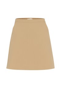 Bežová áčková sukně vyrobená z hladkého materiálu, s vysokým pasem a čistým, jednoduchým designem bez vzorů nebo ozdob.