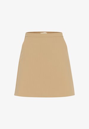 Krémszínű, A-vonalú szoknya sima anyagból, magas derékkal, tiszta, egyszerű dizájnnal, minták vagy díszítések nélkül.