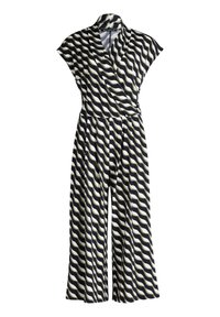 Granatowy i kremowy kombinezon z falistym wzorem, z krótkimi rękawami, dekoltem w stylu kopertowym i szerokimi nogawkami. Wykonany z teksturowanej, lekkiej tkaniny.