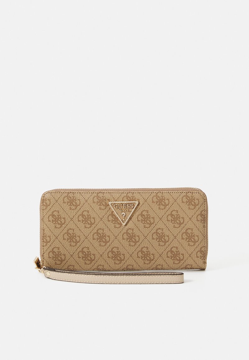 Brown patterned wallet with a textured finish, featuring a gold triangular logo. Zipper closure with a wrist strap attached.
