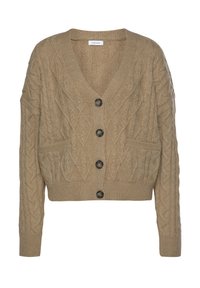 Beige Kabelstrick-Cardigan mit V-Ausschnitt, fünf vorderen Knöpfen, zwei Taschen und gerippten Bündchen sowie Saum. Strukturierter Stoffdesign in der gesamten Jacke.