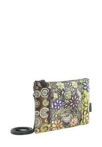Borsa a pochette con motivo floreale texture in colori vivaci tra cui verde, viola e oro. Presenta una chiusura con zip e una tracolla removibile.