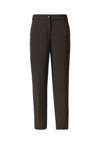 Pantaloni marroni scuri con una texture liscia, design a gamba dritta, cerniera frontale e una singola chiusura con bottone vicino alla vita.