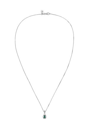 Silver chain necklace featuring an emerald-cut gemstone pendant, exhibiting a sleek design with a polished texture and subtle shine.