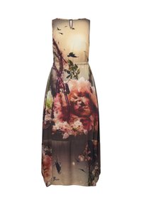 Maxi šaty s květinovým vzorem z měkké tkaniny. Mají bezrukávový design, kulatý výstřih a detail na zadním klíčovém otvoru. Zemití tóny růžové a zelené.