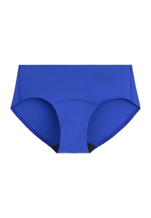 Siniset puuvillaiset hipster-shortsit, joissa on sileä rakenne. Ominaisuuksia korkea vyötärö ja mustat yksityiskohdat lahkeiden avauksissa.