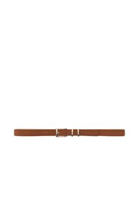 Brown suede belt with a silver metal buckle, featuring three metallic accents. The belt is flat and elongated in shape.