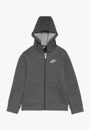 Felpa grigia con zip e cappuccio, con il logo Nike sul petto, due tasche anteriori e polsini e orlo a coste. Tessuto morbido.