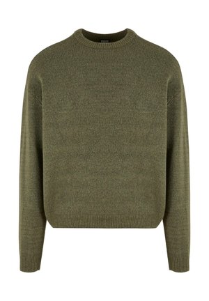 Green wool blend sweater with a crew neck, ribbed cuffs and hem, and a soft, textured finish. Classic, relaxed fit with drop shoulders.