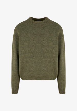 Maglione verde in misto lana con collo a giro, polsini e orlo a costine, e una finitura morbida e testurizzata. Vestibilità classica e rilassata con spalle scese.