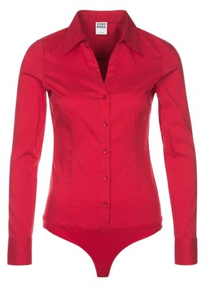 Red long-sleeve women's button-up bodysuit shirt with pointed collar and Vero Moda label inside the neckline.