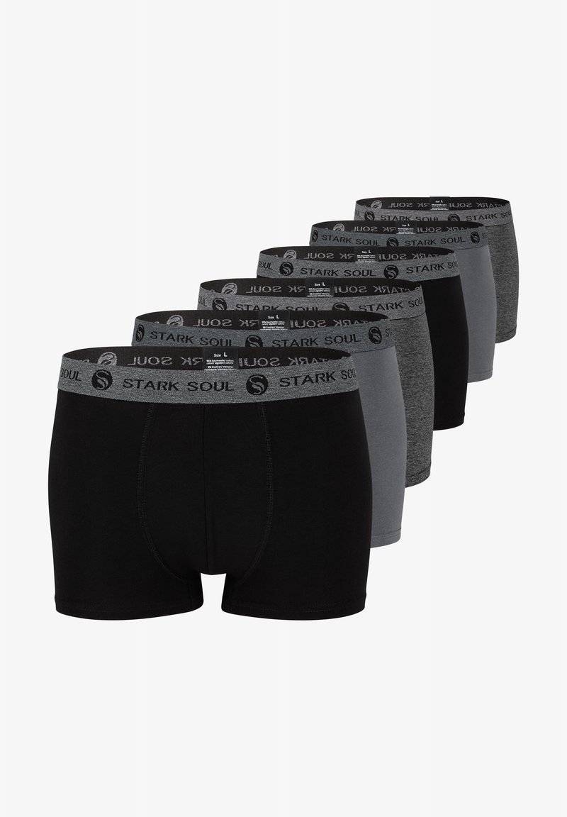 Boxer shorts neri e grigi con bande elastiche etichettate "STARK SOUL," caratterizzati da tonalità variegate e una texture di tessuto liscia e morbida.