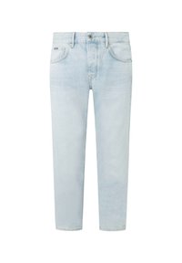 Jeans de mezclilla azul claro con botón y cremallera en el frente, trabillas para cinturón y dos bolsillos frontales sobre un fondo blanco.