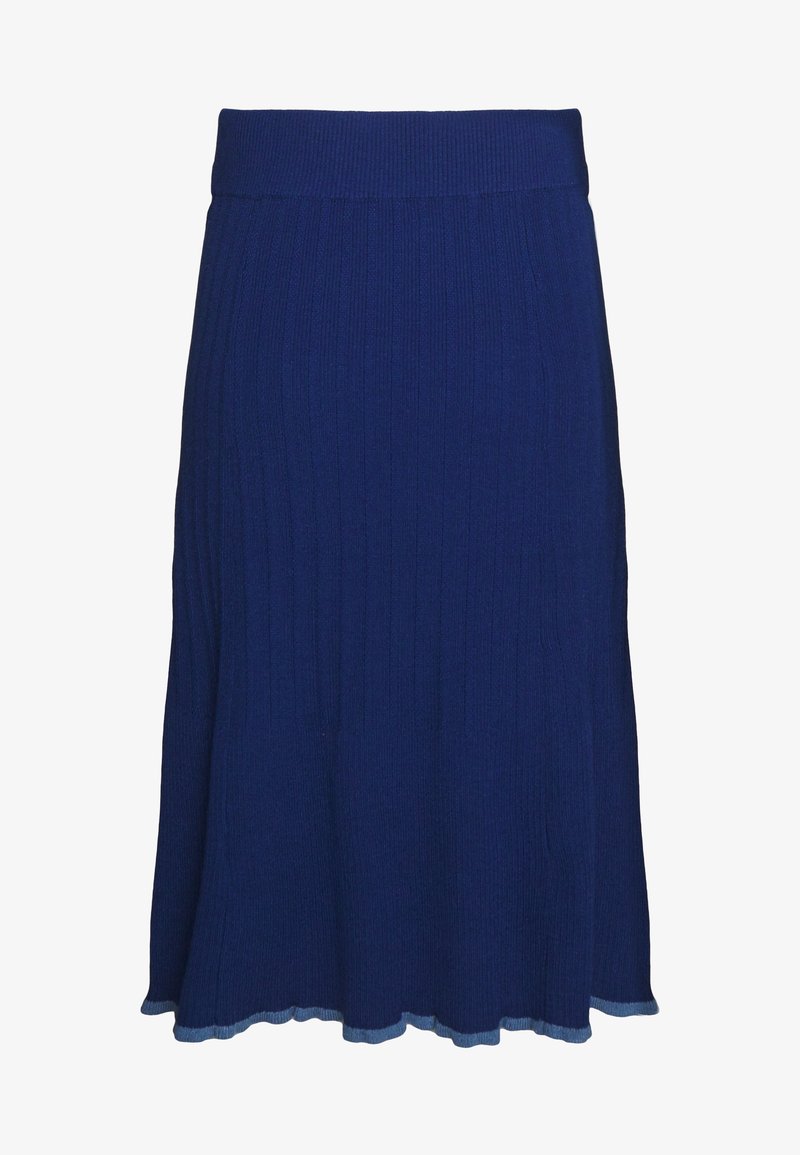Jupe en maille côtelée bleu marine longueur genou, avec une ceinture ajustée et une légère évasée à l'ourlet avec un bord ondulé.