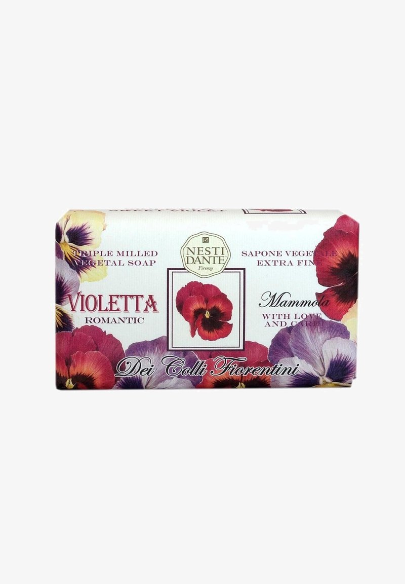 Nesti Dante Violetta Romantic triple milled vegetable soap bar with floral design and Italian text on white background.